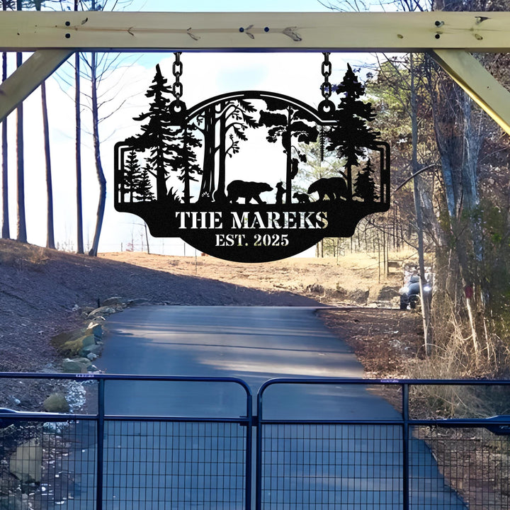 Bear Metal Sign Personalized, Bear In Woods Cabin Sign, Last Name Signs for Home,Family Name Black Bear Sign, Custom Bear Sign Dad Gift Sign