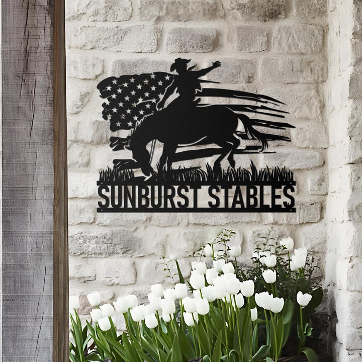 Custom US Flag Cowboy Metal Art Sign, Personalized Western Cowboy Grave Marker, Ranch Decor, Gift for Dad, Equestrian Gift, Cowboy Memorial