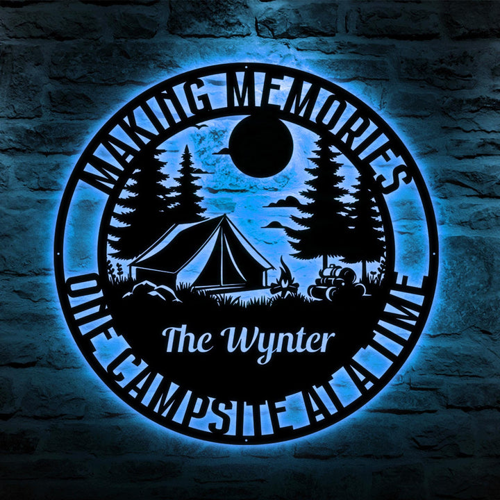 Custom Camping Metal Sign Wall Art with Led Light, Fifth Wheel Sign, Making Memories One Campsite Time, Camping Door Hanger, Camper Decor
