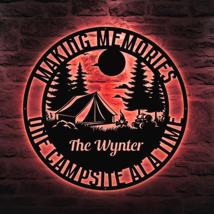 Custom Camping Metal Sign Wall Art with Led Light, Fifth Wheel Sign, Making Memories One Campsite Time, Camping Door Hanger, Camper Decor