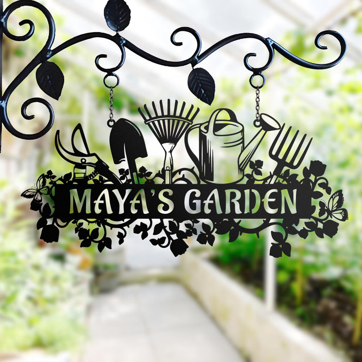 Personalized Metal Garden Sign, Custom Gardener Name Wall Art with Tools and Flowers, Outdoor Garden Decor, Yard Sign, Gift for Gardeners
