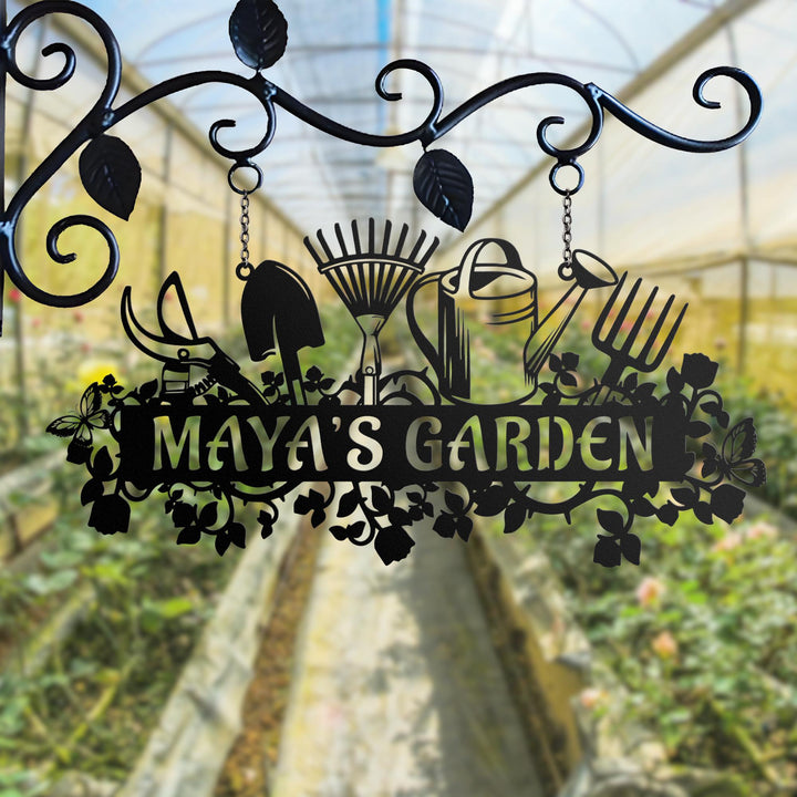 Personalized Metal Garden Sign, Custom Gardener Name Wall Art with Tools and Flowers, Outdoor Garden Decor, Yard Sign, Gift for Gardeners