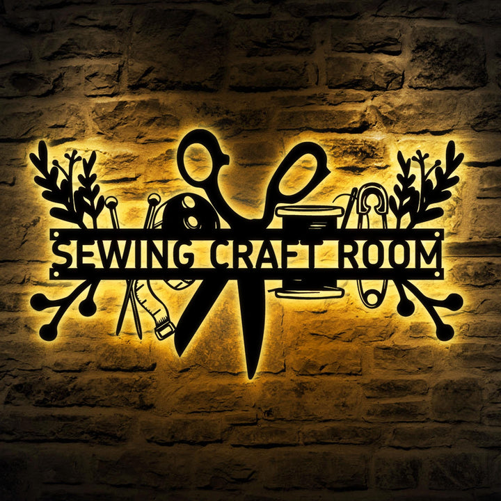 Custom Sewing Craft Room Metal Name Sign Led Lights, Personalized Sewing Room Metal Wall Art, Craft Tools Quilting Metal Wall Sign With Name