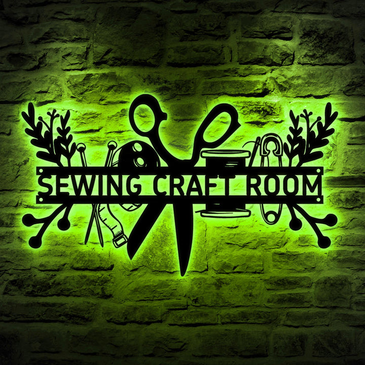 Custom Sewing Craft Room Metal Name Sign Led Lights, Personalized Sewing Room Metal Wall Art, Craft Tools Quilting Metal Wall Sign With Name