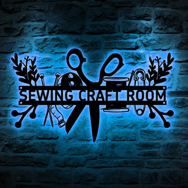 Custom Sewing Craft Room Metal Name Sign Led Lights, Personalized Sewing Room Metal Wall Art, Craft Tools Quilting Metal Wall Sign With Name