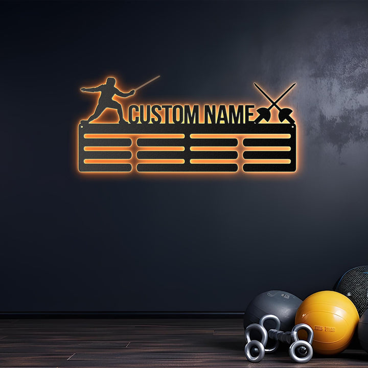 Personalized Fencing Medal Hanger with Led Lights, Custom Fencing Player Name Medal, Sports Medal Hanger, Tiered Award Rack, Fencer Gift