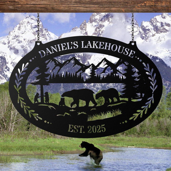 Custom Bear Cabin Metal Sign, Mountain Scene Family Name Plaque, Personalized Lake House Outdoor Decor, Rustic Lodge or Hunting Cabin Gift