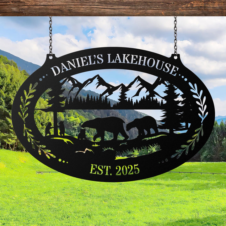 Custom Bear Cabin Metal Sign, Mountain Scene Family Name Plaque, Personalized Lake House Outdoor Decor, Rustic Lodge or Hunting Cabin Gift