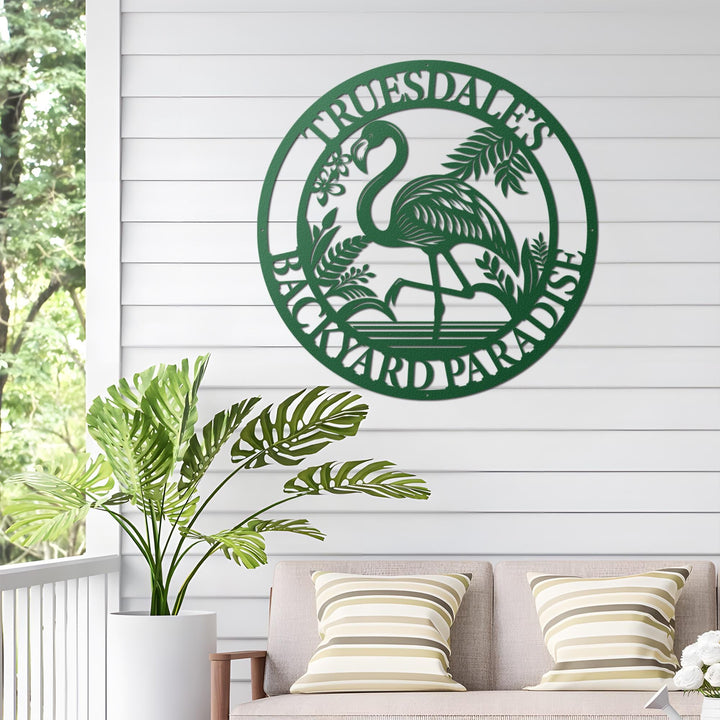 Personalized Tropical Flamingo Metal Sign, Custom Beach House, Patio Decor, Flamingo Yard Sign for Pool, Family Lounge, Housewarming Gift