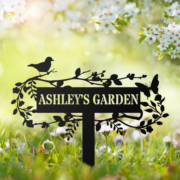 Custom Metal Garden Decor, Bird with Flower Garden Sign, Flower Design, Personalized Garden Sign, Custom Garden Name Sign,Outdoor Yard Decor