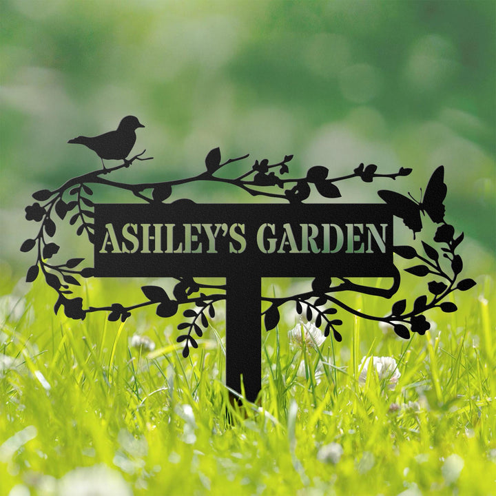 Custom Metal Garden Decor, Bird with Flower Garden Sign, Flower Design, Personalized Garden Sign, Custom Garden Name Sign,Outdoor Yard Decor