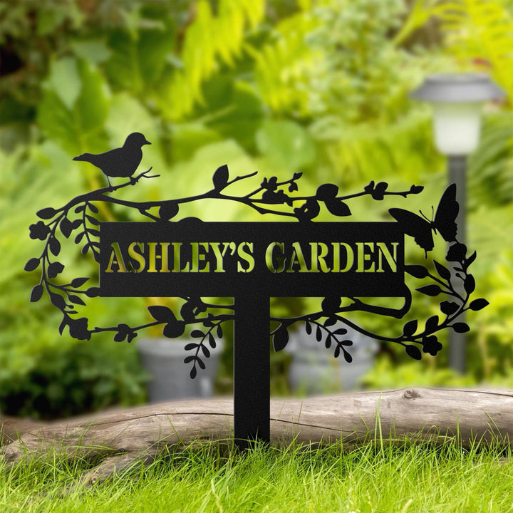 Custom Metal Garden Decor, Bird with Flower Garden Sign, Flower Design, Personalized Garden Sign, Custom Garden Name Sign,Outdoor Yard Decor