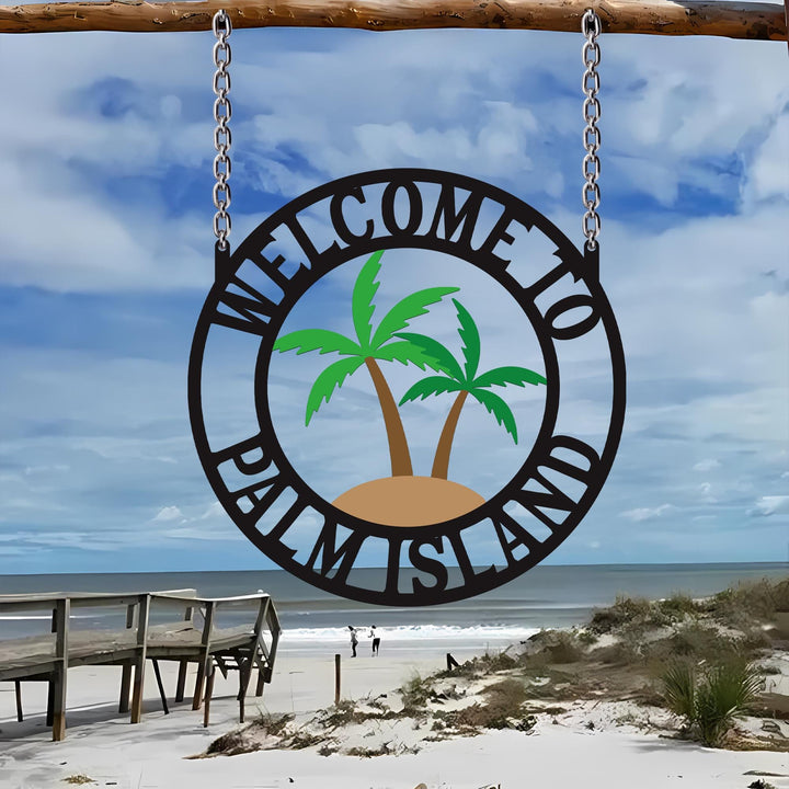 Personalized Welcome Palm Tree Scene Sign Metal Wall Art - Customizable Weatherproof Door Hanger | Outdoor Decor | Beach house Decor