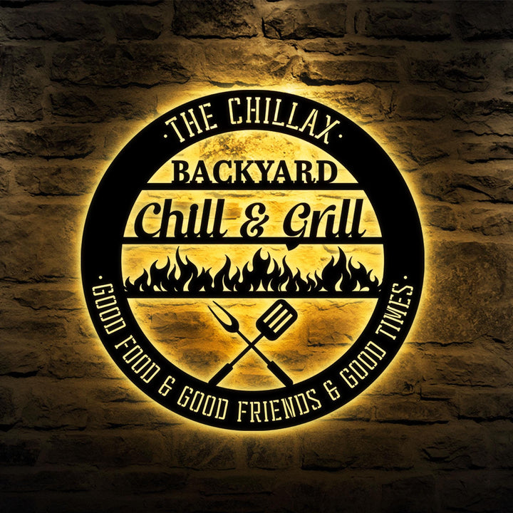 Custom Bar & Grill Metal Sign With LED Light, Personalized Backyard Chill And Grill, Backyard Patio Decor, Outdoor Bar Sign, Backyard Decor