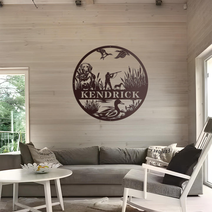 Custom Duck Hunting Metal Wall Art, Personalized Hunter Name Sign with Lab Dog and Birds, Rustic Cabin or Farmhouse Outdoor Decor Gift
