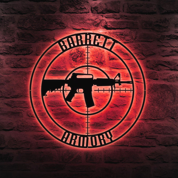 Custom Gun Metal Sign LED Light, Gun Metal Wall Art, Personalized Armory Sign, Armory Decor, Military Decor, Veteran Gift, Custom Gun Sign