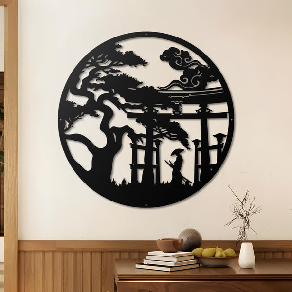 Japanese Torii Gate Metal Wall Art, Bonsai Tree Decor, Samurai & Shogun Metal Sign, Zen Japanese Garden Wall Decor, Cherry Blossom Art