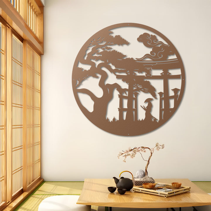 Japanese Torii Gate Metal Wall Art, Bonsai Tree Decor, Samurai & Shogun Metal Sign, Zen Japanese Garden Wall Decor, Cherry Blossom Art