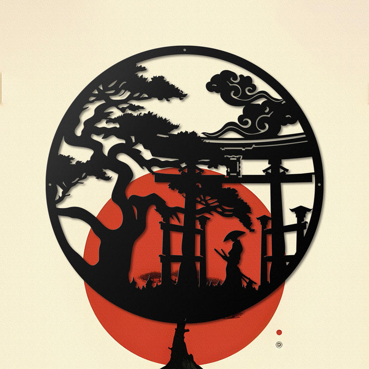 Japanese Torii Gate Metal Wall Art, Bonsai Tree Decor, Samurai & Shogun Metal Sign, Zen Japanese Garden Wall Decor, Cherry Blossom Art