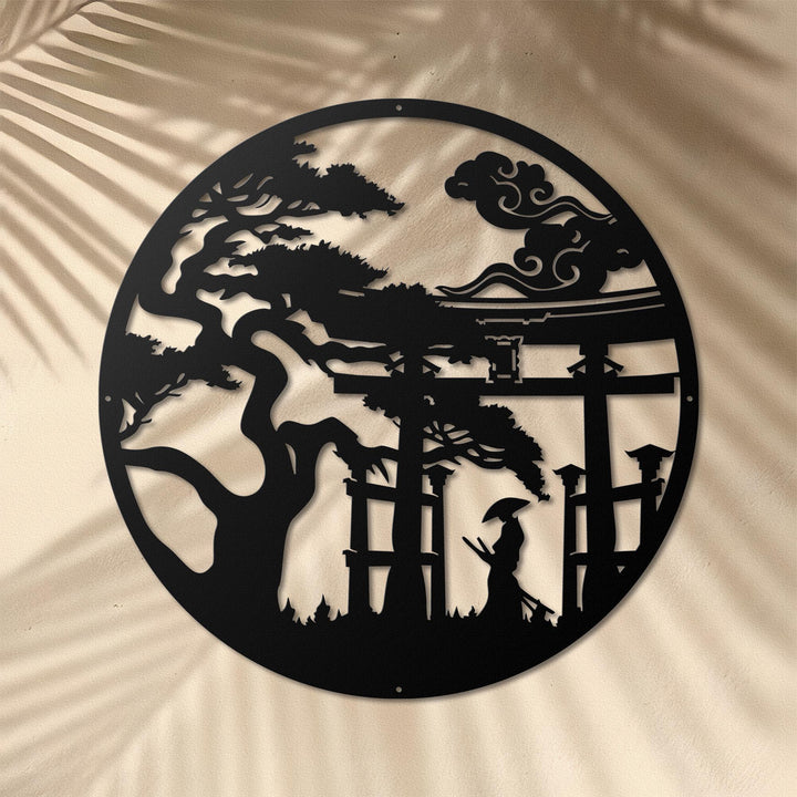 Japanese Torii Gate Metal Wall Art, Bonsai Tree Decor, Samurai & Shogun Metal Sign, Zen Japanese Garden Wall Decor, Cherry Blossom Art