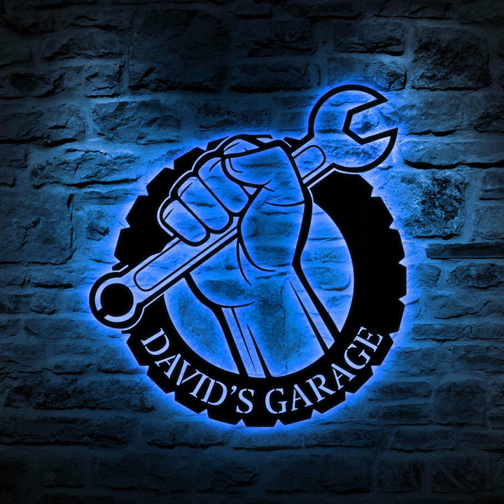 Custom Wrench Mechanic Metal Wall Art LED Light, Personalized Garage Name Sign, Custom Wrench Metal Sign, Gift for Dad, Father's Day Gift