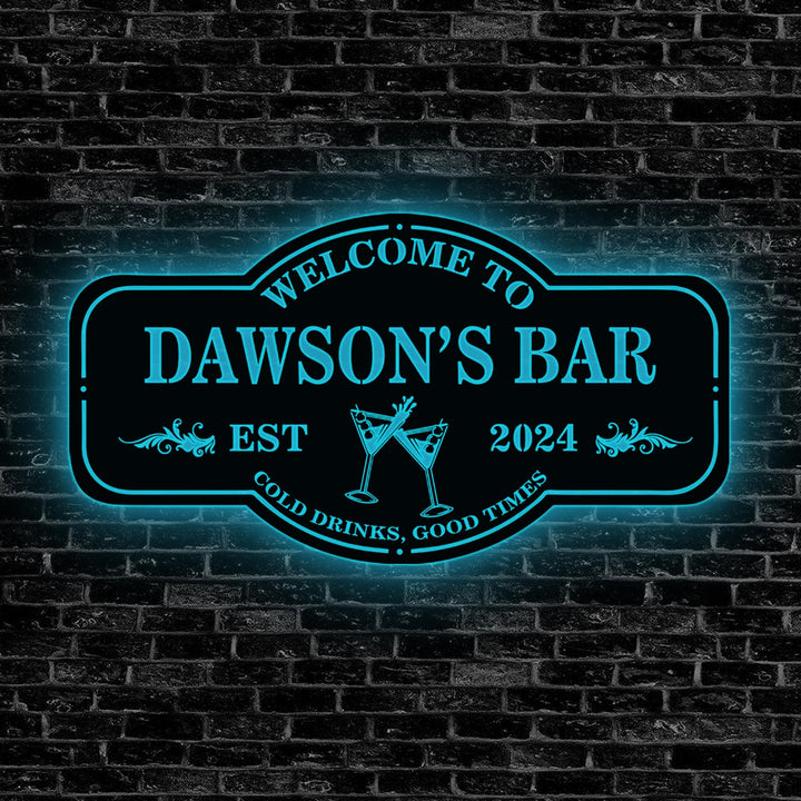 Personalized Bar Metal Sign, Home Bar Sign, Cabin Family Name Sign, Man Cave Sign, Bar Decor, LED Metal Bar Sign, Outdoor Kitchen Bar Sign