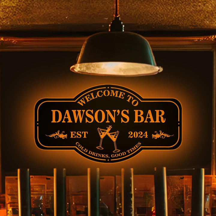 Personalized Bar Metal Sign, Home Bar Sign, Cabin Family Name Sign, Man Cave Sign, Bar Decor, LED Metal Bar Sign, Outdoor Kitchen Bar Sign