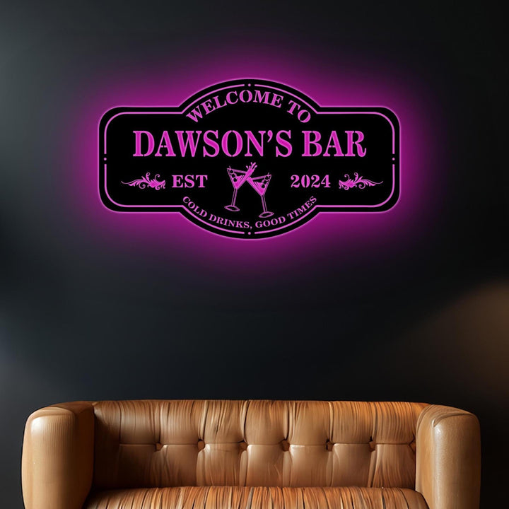 Personalized Bar Metal Sign, Home Bar Sign, Cabin Family Name Sign, Man Cave Sign, Bar Decor, LED Metal Bar Sign, Outdoor Kitchen Bar Sign