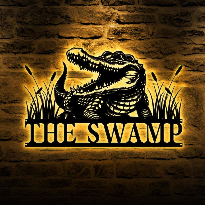 Custom Alligator Metal Sign LED Lights, Crocodile Wall Art, Personalized Metal Animal Name Sign, Swamp Decor, Gator Home Decor