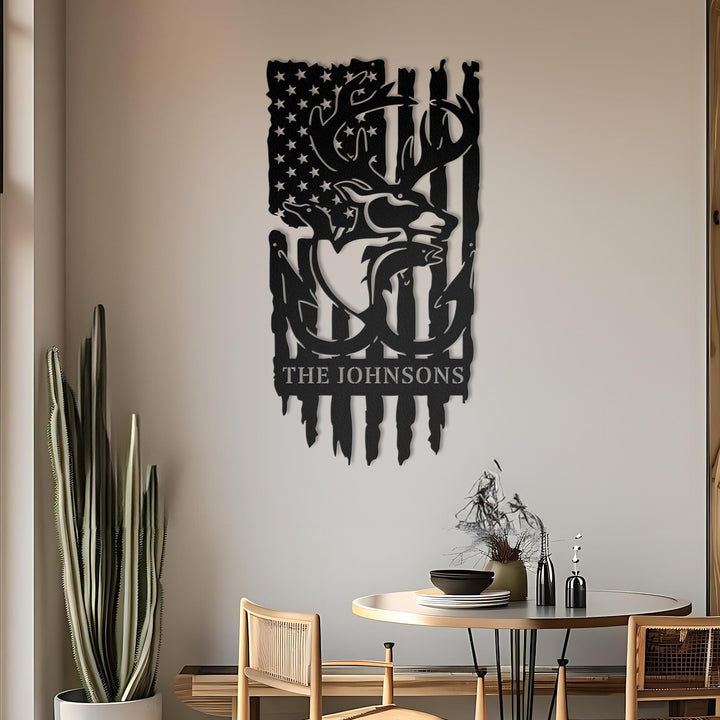 Personalized Hunting Name Sign with USA Flag, Custom Hunter Metal Wall Art, Deer & Fish Outdoor Decor, Man Cave Rustic Sign, Cabin Gift
