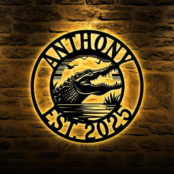 Custom Crocodile Metal Sign Led Lights, Metal Alligator Sign, Personalized Crocodile Wall Art Decor, Wall Hanging, Outdoor Decor, Swamp Sign