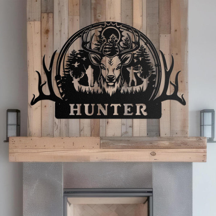 Personalized Deer Hunter Metal Sign, Custom Deer And Hunter Rifle Sign, Deer Hunting Wall Hanging, Hunter Gift, Cabin Sign, Fathers Day Gift