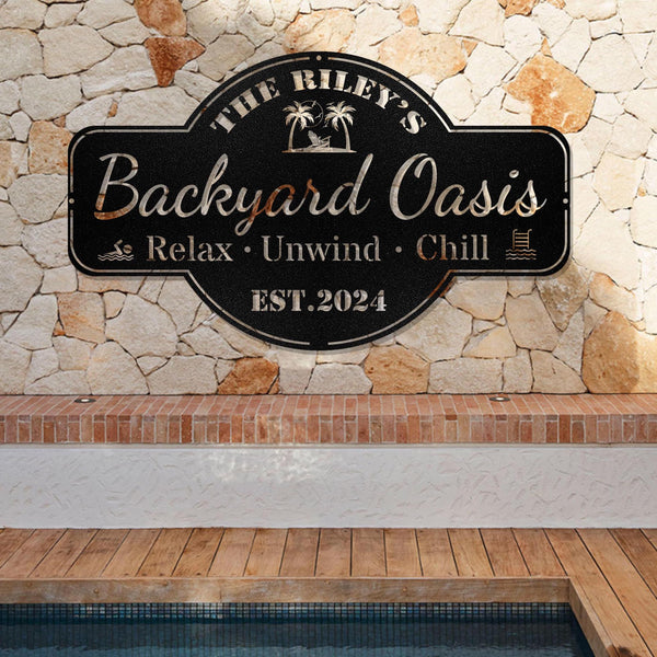Personalized Backyard Pool Metal Sign, Outdoor Wall Decor, Pool Signs, Outdoor Decor, Custom Backyard Oasis Sign Patio Decor, Gift For Dad