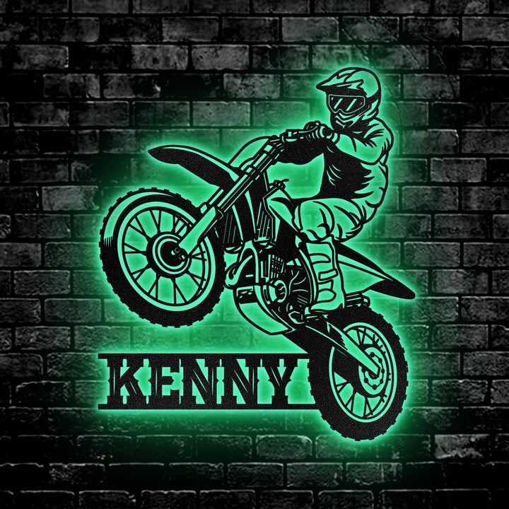 Custom Motocross Biker Metal Wall Art LED Lights, Personalized Dirt Bike Name Sign, Custom Home Motorcycle Decor Rider Decoration, Man Cave