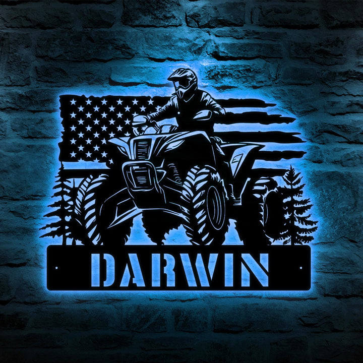 Personalized Dirt Bike Name Sign, Custom Quad Biker Metal Wall Art LED Light, All Terrain Vehicle ATV Wheels Home Decor, Rider Decoration