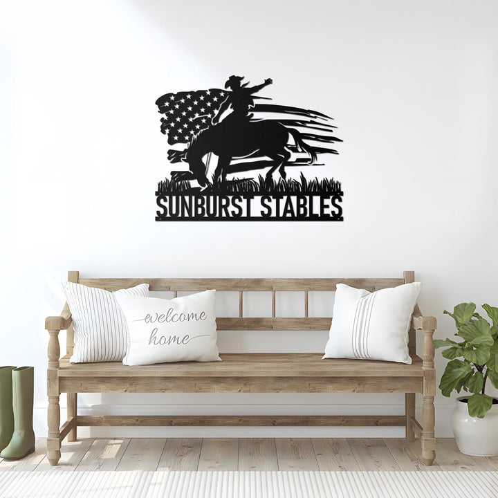 Custom US Flag Cowboy Metal Art Sign, Personalized Western Cowboy Grave Marker, Ranch Decor, Gift for Dad, Equestrian Gift, Cowboy Memorial