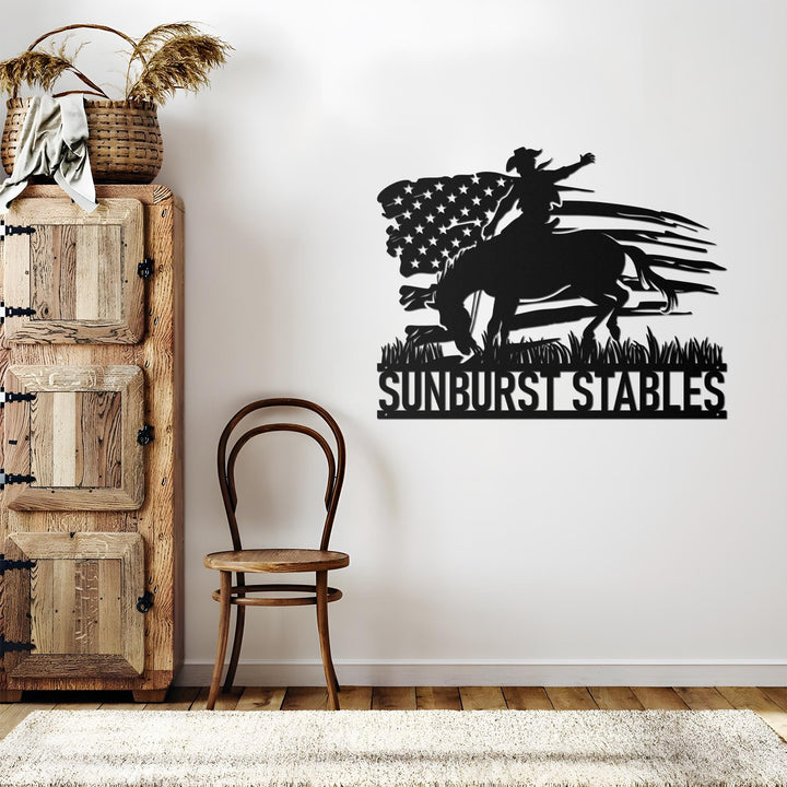 Custom US Flag Cowboy Metal Art Sign, Personalized Western Cowboy Grave Marker, Ranch Decor, Gift for Dad, Equestrian Gift, Cowboy Memorial