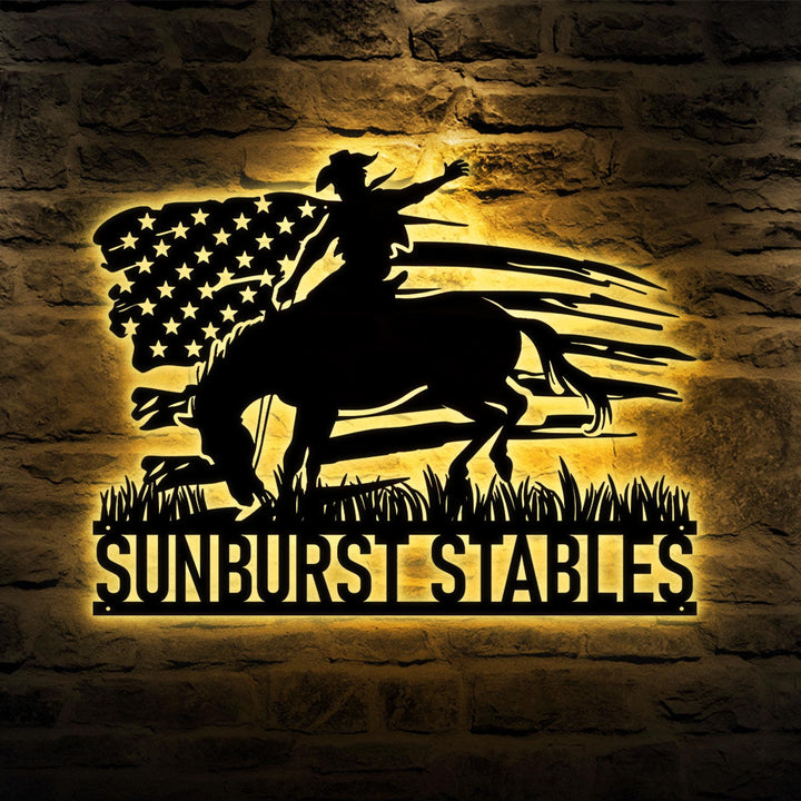 Custom US Flag Cowboy Metal Art Sign, Personalized Western Cowboy Grave Marker, Ranch Decor, Gift for Dad, Equestrian Gift, Cowboy Memorial