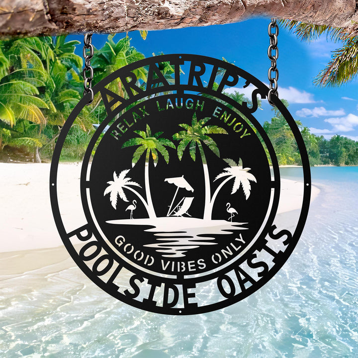 Personalized Family Poolside Metal Sign, Palm tree tropical Metal wall Art, Tiki Bar Sign, Backyard Sign, Backyard Oasis Sign, Patio Decor