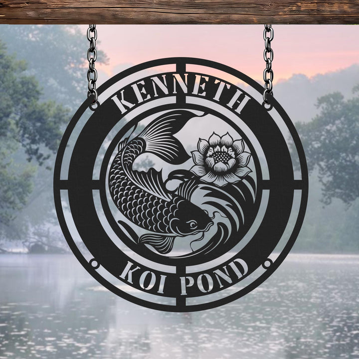 Custom Koi Fish Metal Wall Art, Personalized Koi Pond Sign, Outdoor Fish Decor, Koi Lotus Metal Sign, Garden or Patio Wall Decor