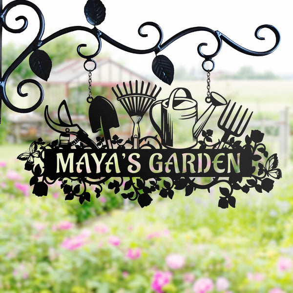Personalized Metal Garden Sign, Custom Gardener Name Wall Art with Tools and Flowers, Outdoor Garden Decor, Yard Sign, Gift for Gardeners