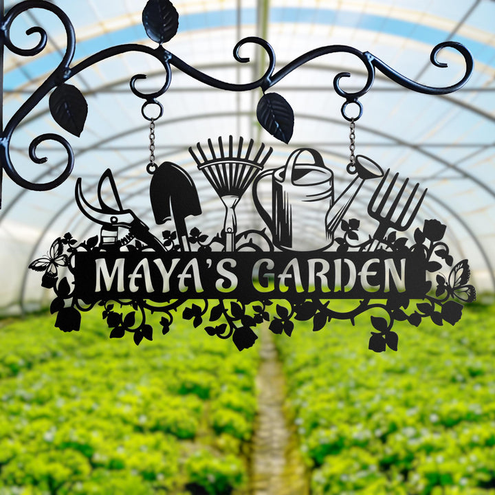 Personalized Metal Garden Sign, Custom Gardener Name Wall Art with Tools and Flowers, Outdoor Garden Decor, Yard Sign, Gift for Gardeners