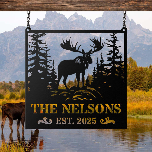 Personalized Metal Moose Sign, Custom Moose Wall Art with Last Name, Rustic Cabin Decor, Outdoor Name Sign, Hunting Lodge Gift