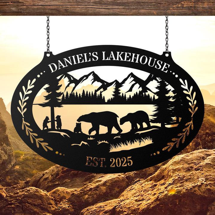 Custom Bear Cabin Metal Sign, Mountain Scene Family Name Plaque, Personalized Lake House Outdoor Decor, Rustic Lodge or Hunting Cabin Gift