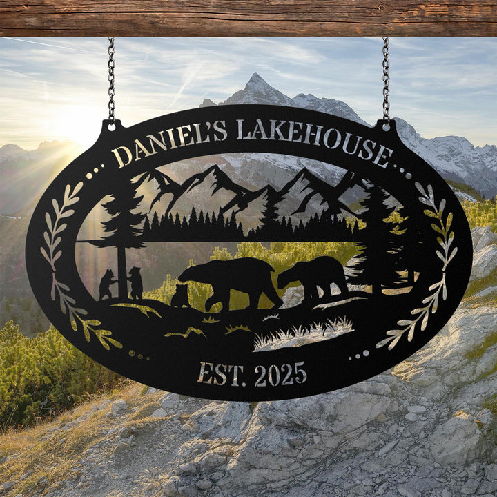 Custom Bear Cabin Metal Sign, Mountain Scene Family Name Plaque, Personalized Lake House Outdoor Decor, Rustic Lodge or Hunting Cabin Gift