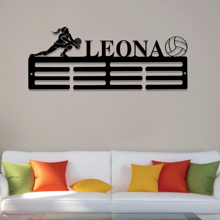 Personalized Volleyball Medal Holder, Custom Volleyball Name Medal Hanger, 12 Rungs for Medals & Ribbons, Volleyball Medal Award Display