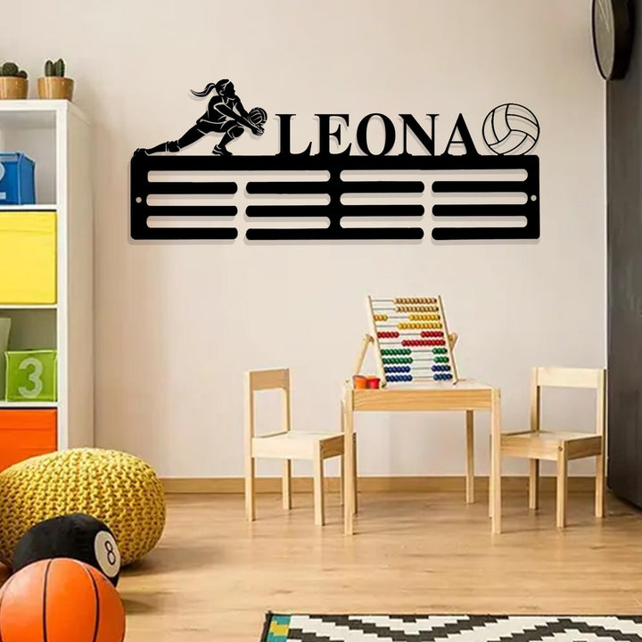 Personalized Volleyball Medal Holder, Custom Volleyball Name Medal Hanger, 12 Rungs for Medals & Ribbons, Volleyball Medal Award Display