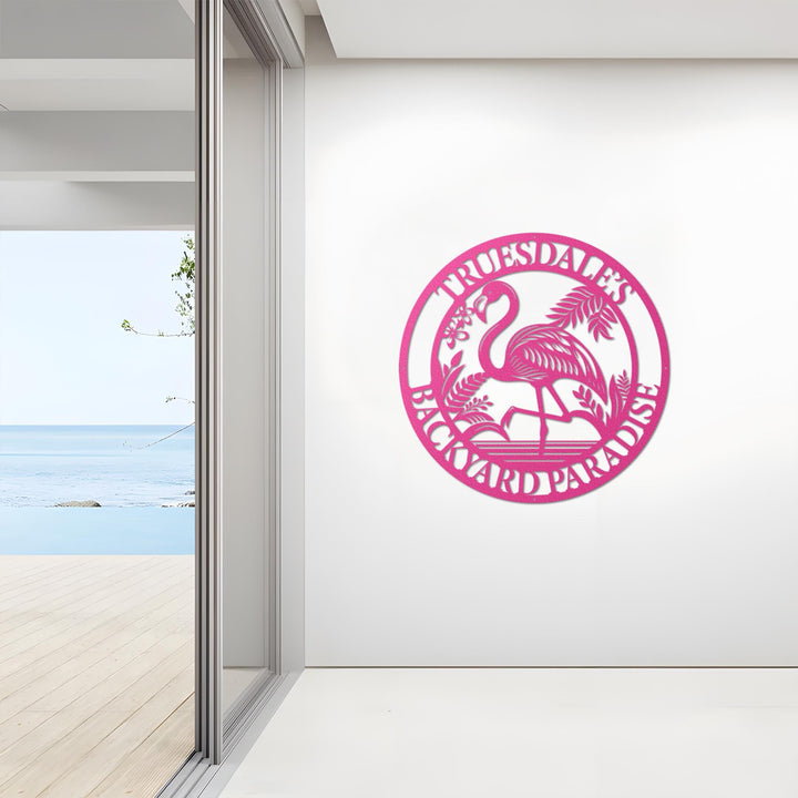 Personalized Tropical Flamingo Metal Sign, Custom Beach House, Patio Decor, Flamingo Yard Sign for Pool, Family Lounge, Housewarming Gift