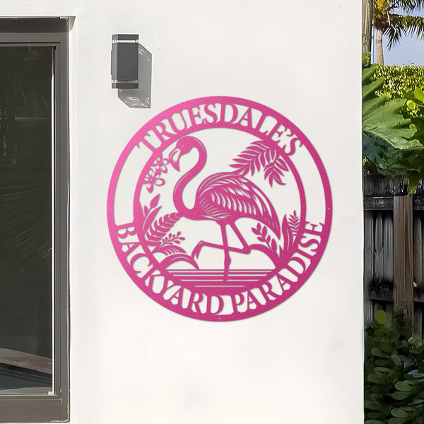 Personalized Tropical Flamingo Metal Sign, Custom Beach House, Patio Decor, Flamingo Yard Sign for Pool, Family Lounge, Housewarming Gift