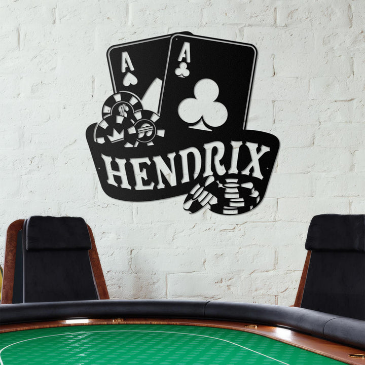 Custom Casino Playing Cards Chips Gambling Dice Poker Metal Wall Art LED Light Personalized Gamer Name Sign Home Decor Game Zone Decoration